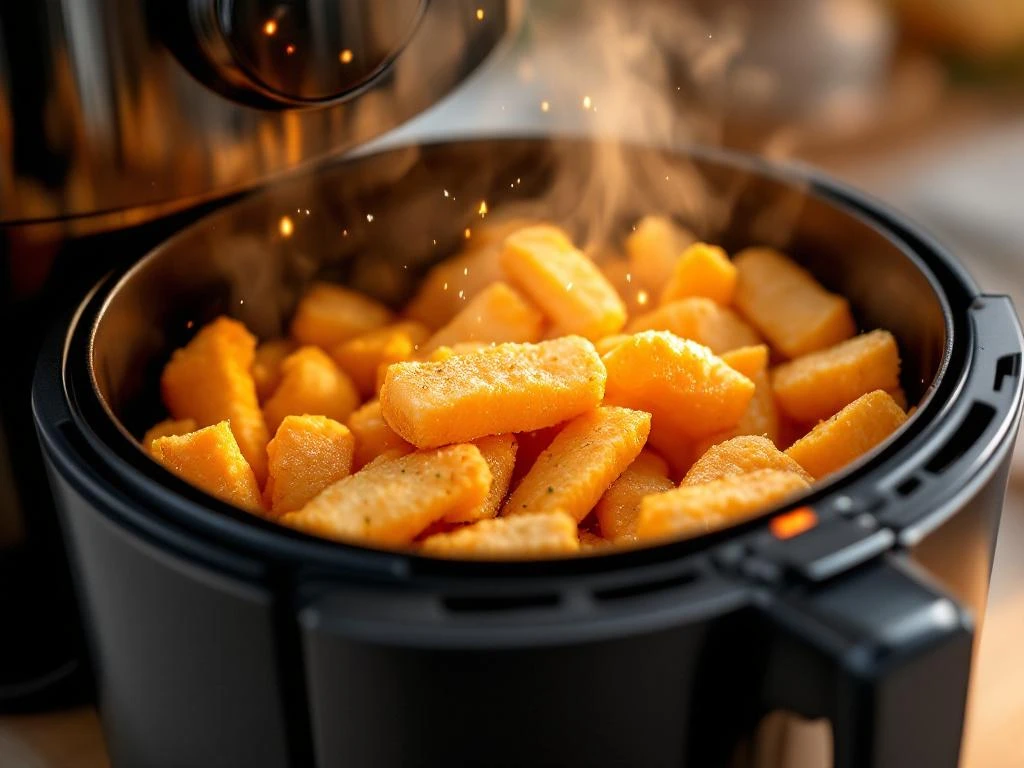 Goudbruine bevroren viskroketten in zwarte airfryer mand met stoom en gloeiende verwarmingselementen op keukentafel