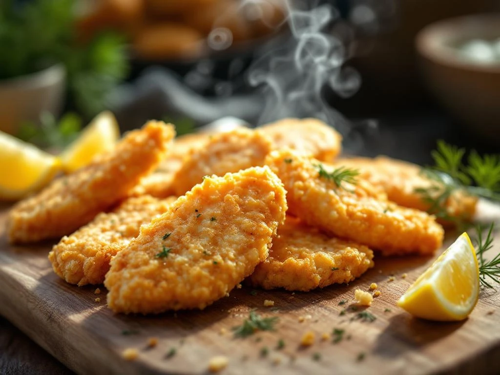 Goudbruine krokante vissticks op houten snijplank met verse dille en citroen, stoom stijgt op in warme keuken