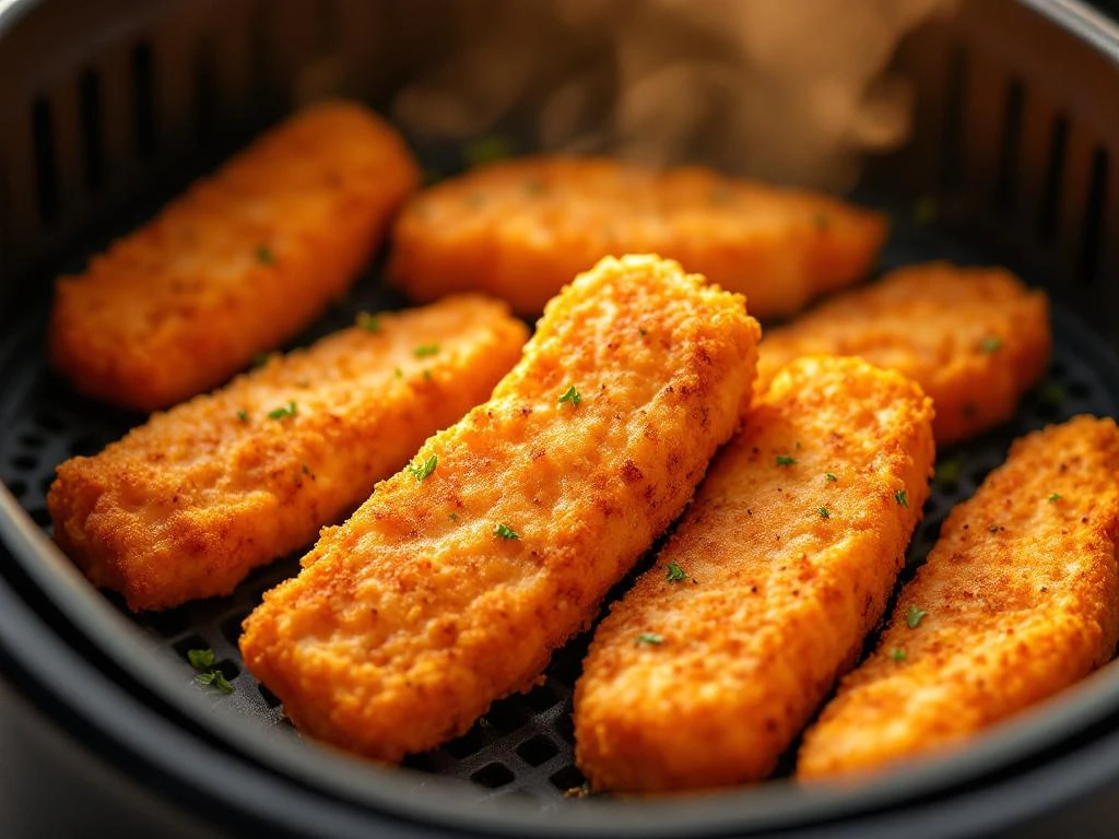 Goudbruine krokante vissticks in een airfryer mand met stoom, perfect gebakken met kruiden en specerijen coating.