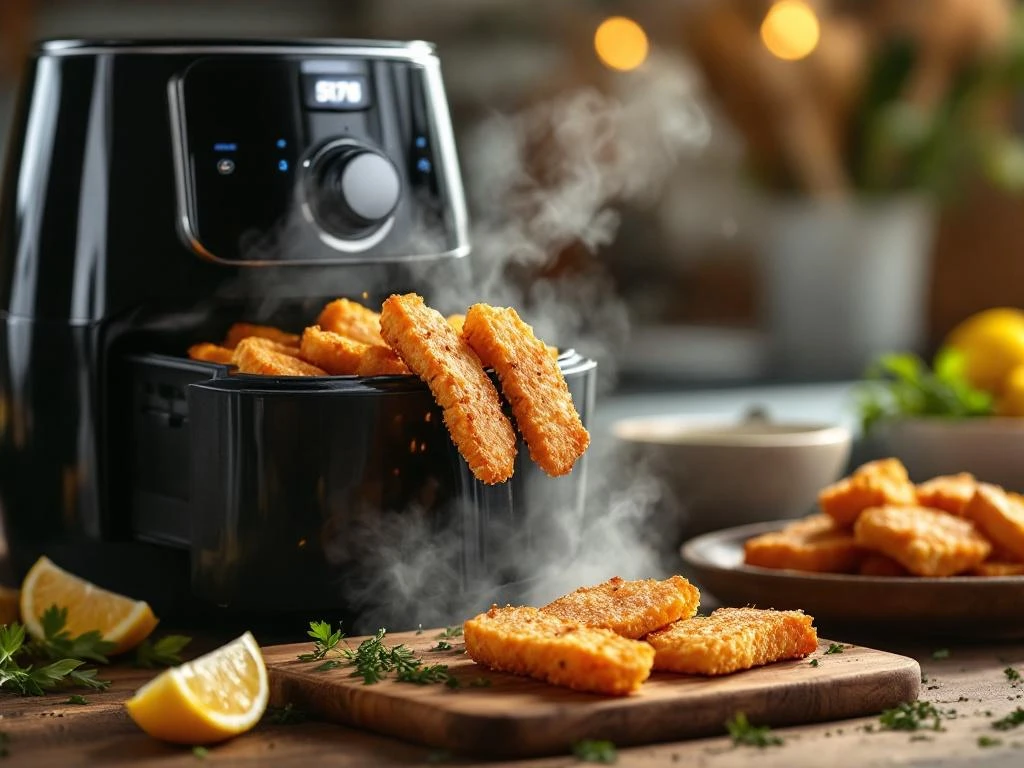 Goudbruine visfriet wordt uit zwarte airfryer gehaald met stoom, geserveerd met kruiden en citroen op houten plank