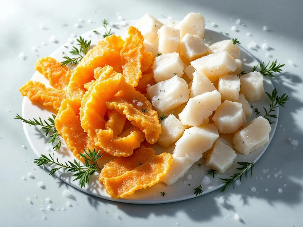 Goudbruine visfriet links en kibbeling rechts op witte ondergrond met verse kruiden en zeezout