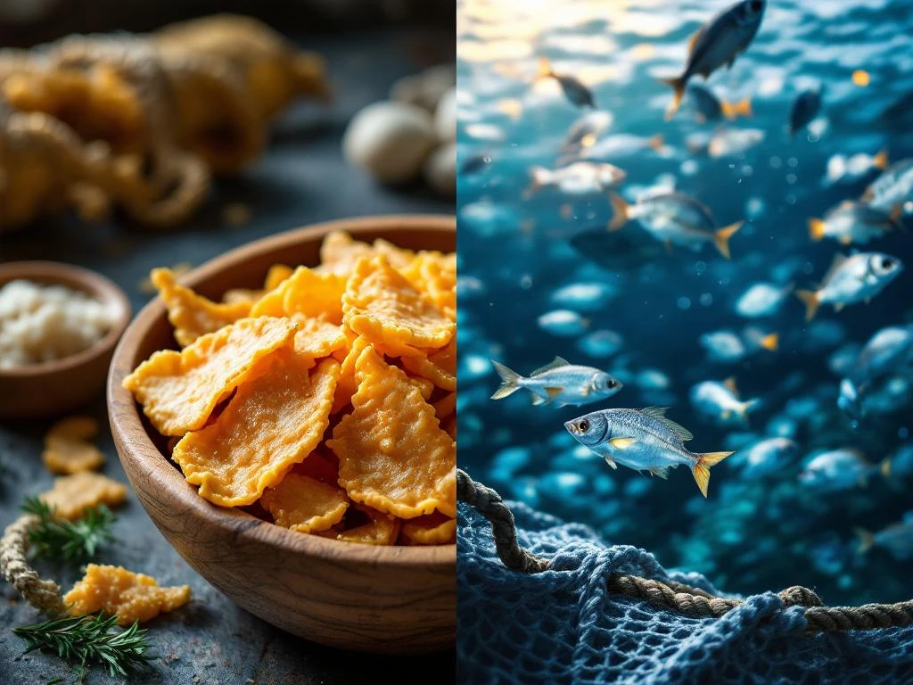 Verse kibbeling in houten kom met MSC-keurmerk naast onderwaterscène van duurzame visserij met gezonde vispopulatie