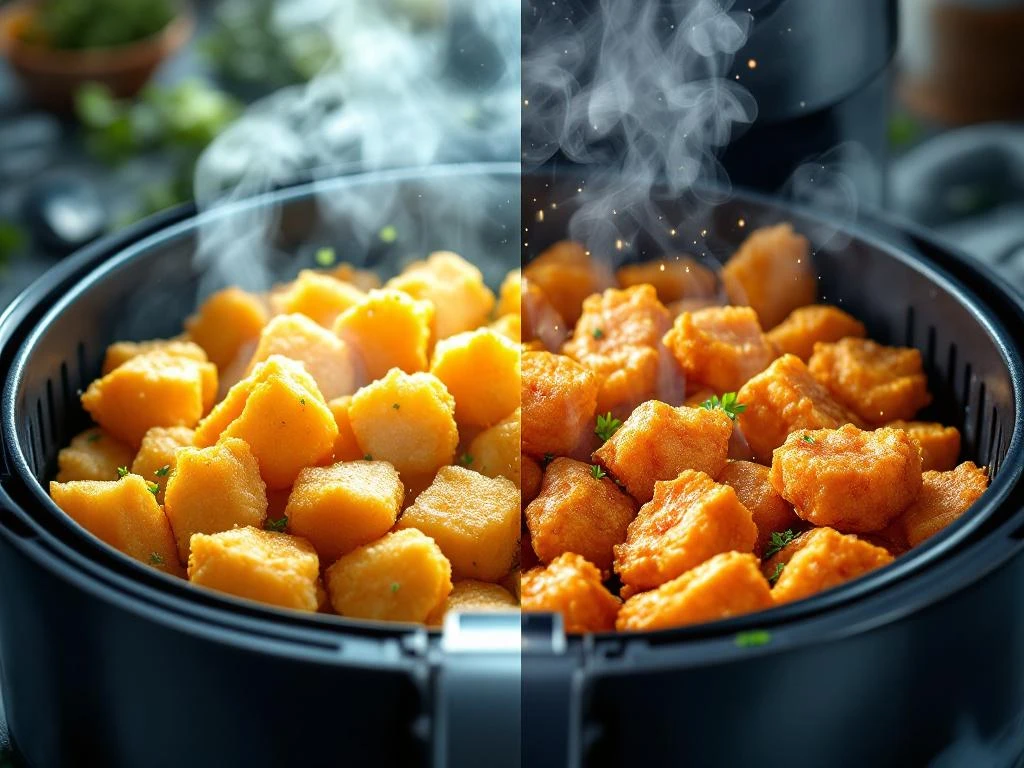 Goudkleurige kibbeling stukjes in airfryer links versus traditioneel gefrituurde kibbeling rechts met oceaanblauwe accenten
