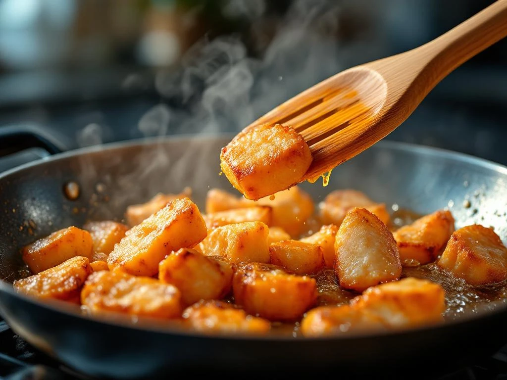 Goudbruine kibbeling stukjes sizzelen in roestvrijstalen pan met houten spatel, sommige perfect gebakken, andere licht verbrand
