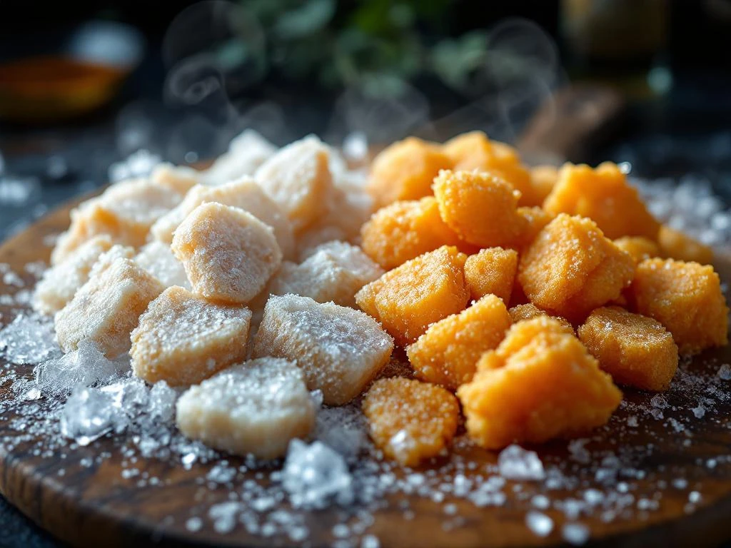 Kibbeling stukjes half bevroren half ontdooid op houten snijplank, met ijskristallen en stoom zichtbaar