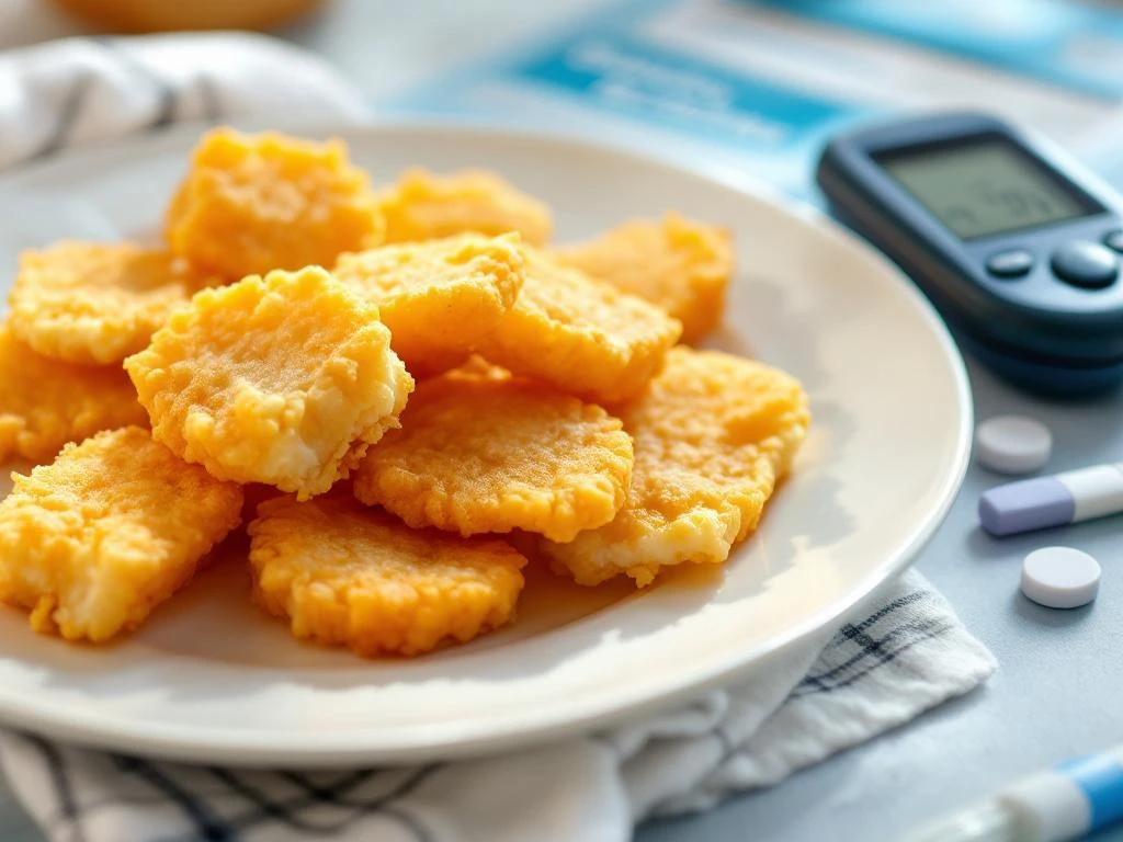 Goudkleurige kibbeling op witte bord naast bloedsuikermeter en teststrips, diabetes informatiemateriaal op achtergrond