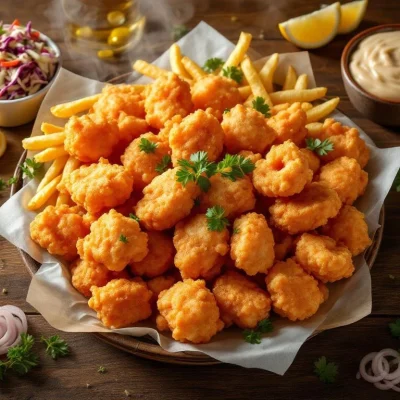 Goudbruine kibbeling met friet, coleslaw, tartaarsaus en citroen op rustieke houten tafel, overhead perspectief