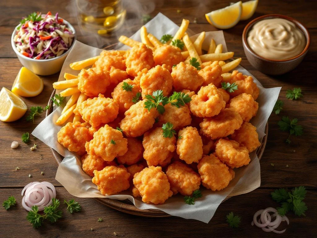 Goudbruine kibbeling met friet, coleslaw, tartaarsaus en citroen op rustieke houten tafel, overhead perspectief