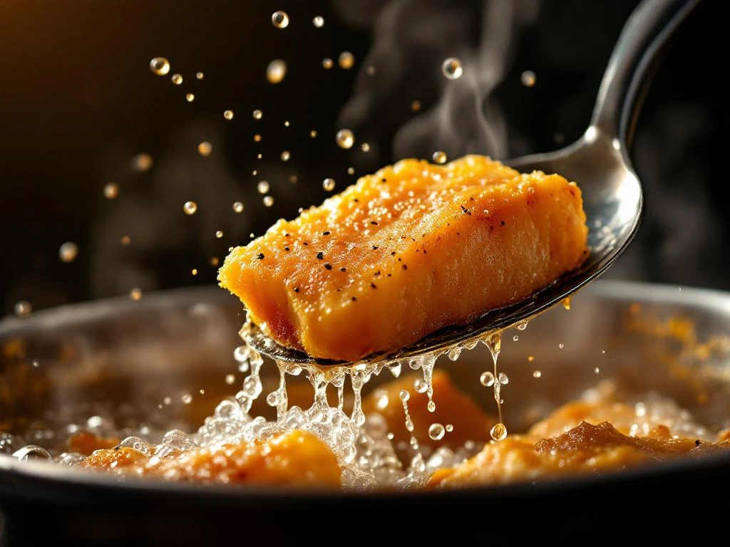 Goudbruin kibbeling wordt met schuimspaan uit kokende olie getild, digitale thermometer toont ideale temperatuur