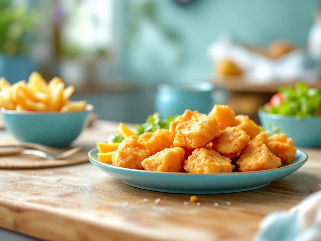 Gouden krokante kibbeling op kindvriendelijk bord met groenten en tartaarsaus in warme familiekeukensetting