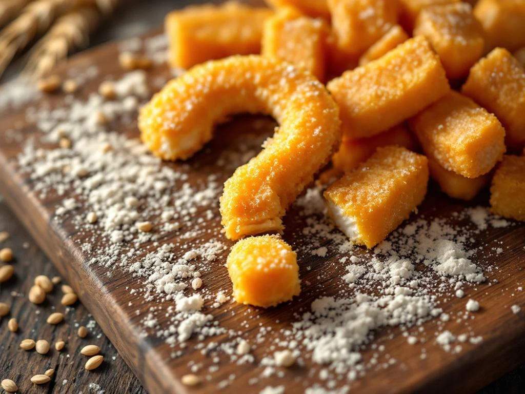 Goudbruine kibbeling stukjes op houten plank met knapperige korst, omringd door tarwegranen en meel