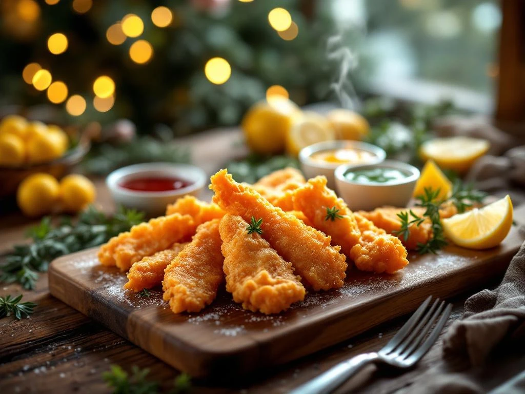 Goudbruine kibbeling op houten plank met kleurrijke dipsauzen, verse kruiden en citroen bij feestelijke gelegenheid