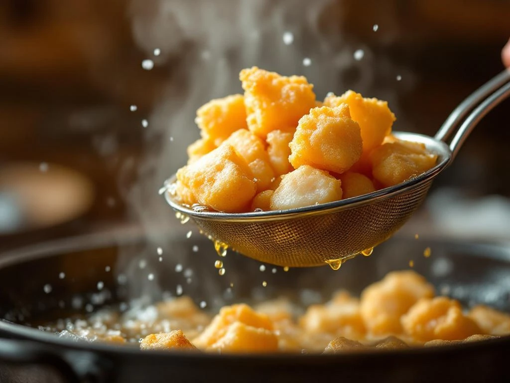 Goudbruine kibbeling wordt uit borrelende olie getild met metalen zeef, stoom stijgt op tegen houten achtergrond