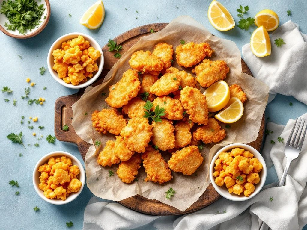 Goudbruine kibbeling stukjes op houten plank met keramische kommetjes, verse kruiden en citroen op lichtblauwe achtergrond