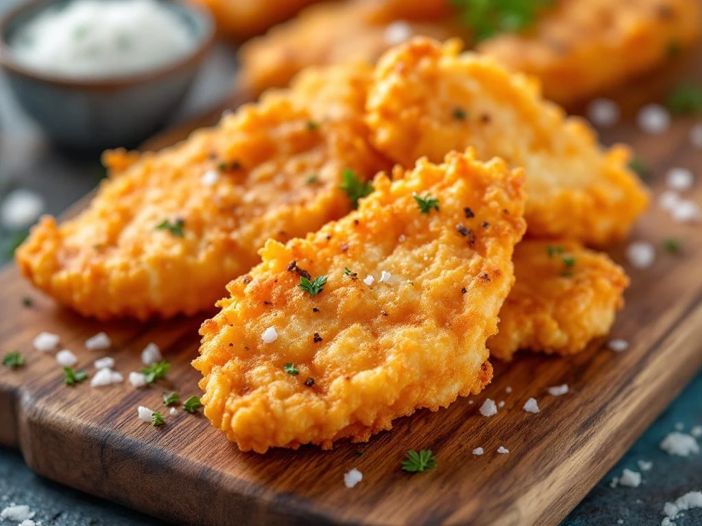 Goudbruine krokante kibbeling stukjes op houten plank met stoom, besprenkeld met zeezout en verse kruiden