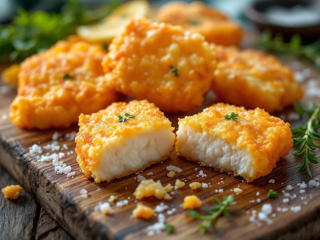 Goudbruine kibbeling stukjes op houten plank met zichtbare vis binnenkant, zout en kruiden eromheen