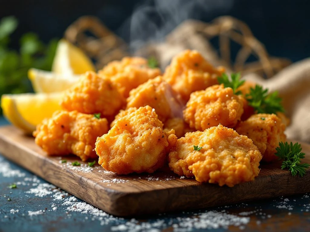 Goudbruine kibbeling stukjes op houten plank met stoom, citroen en peterselie garnering, Nederlandse zeevruchten traditie