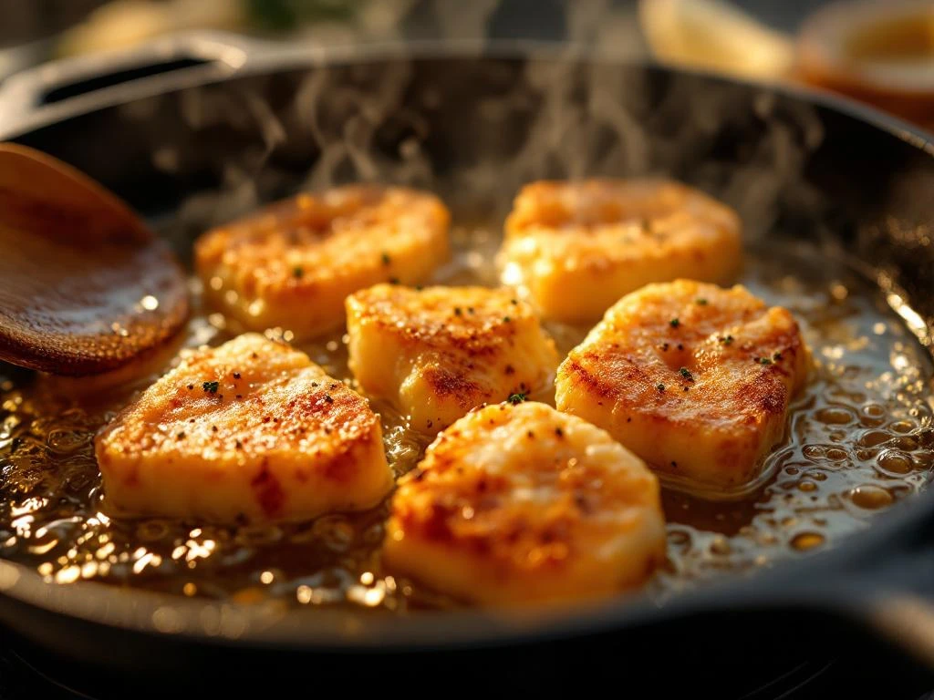 Goudbruine kibbeling stukjes sissen in gietijzeren pan met stoom, knapperige textuur en kruiden zichtbaar
