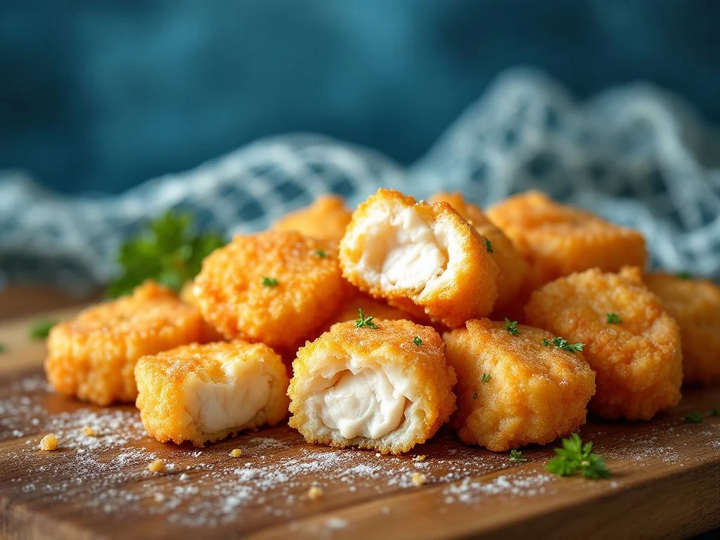 Verse goudbruine kibbeling stukjes op houten plank met knapperige korst en witte vis binnenkant, maritieme achtergrond