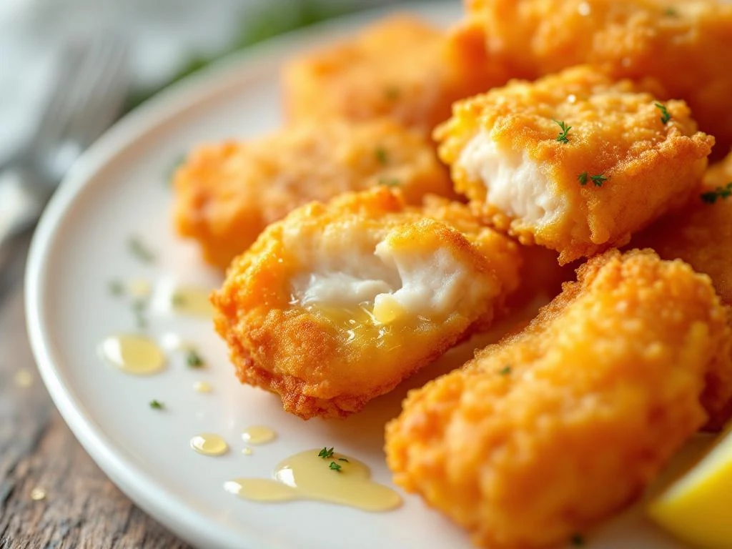 Goudbruine kibbeling stukjes op witte bord met knapperige korst, stoom en citroenpartje