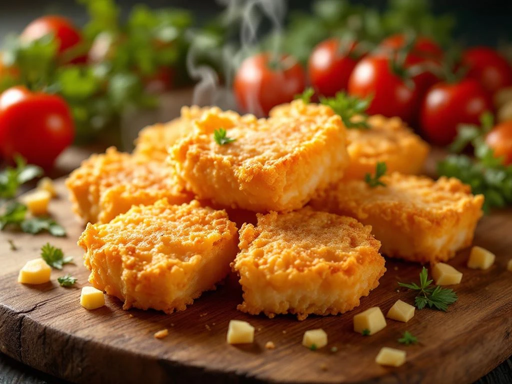 Goudbruine kibbeling stukjes op houten snijplank met verse groenten en kruiden, stoom stijgt op van krokante coating
