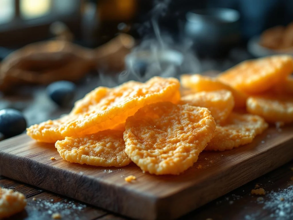 Goudbruine kibbeling stukjes op houten plank met stoom, knapperige coating en maritieme achtergrond met visnetten