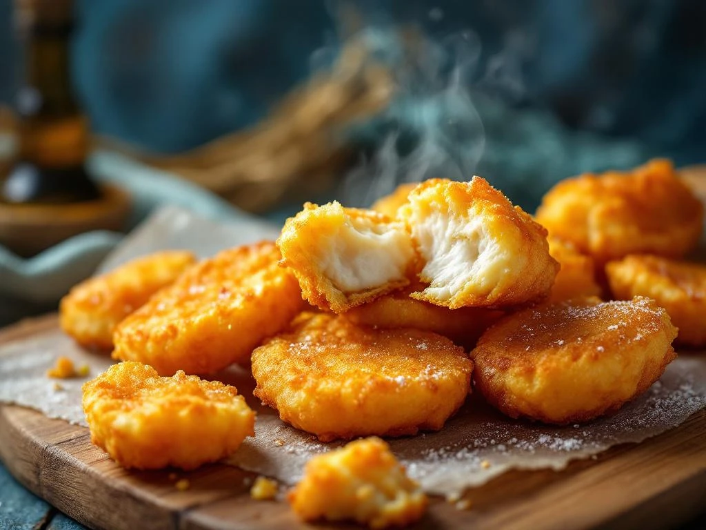 Goudbruine kibbeling stukjes op houten plank met knapperige korst, stoom en zachte maritieme achtergrond