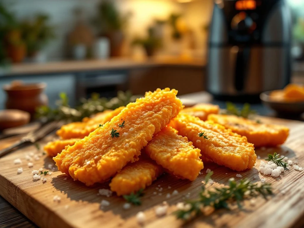 Goudbruine kibbeling stukjes op houten plank met verse kruiden, zout en airfryer op achtergrond