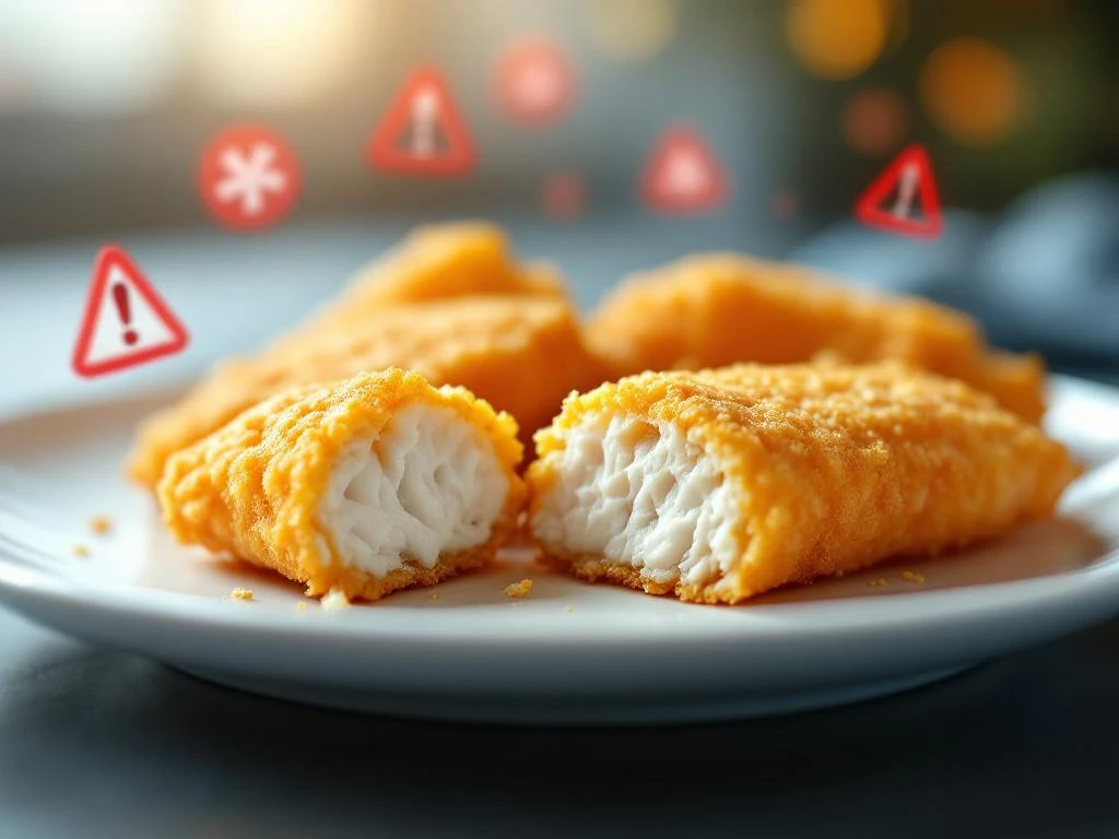 Goudbruine kibbeling stukjes op witte plaat, één opengebroken toont witte vis, wazig allergiesymbolen op achtergrond