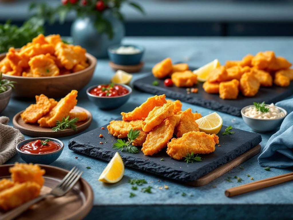 Goudbruine kibbeling stukjes op houten kommen en leisteen borden met dipsauzen, citroen en garnering in moderne keuken