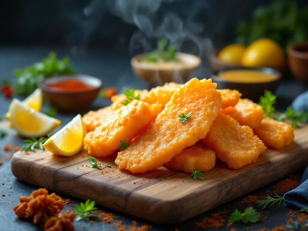Goudbruine kibbeling stukjes op houten plank met verse kruiden, citroen en dipsauzen