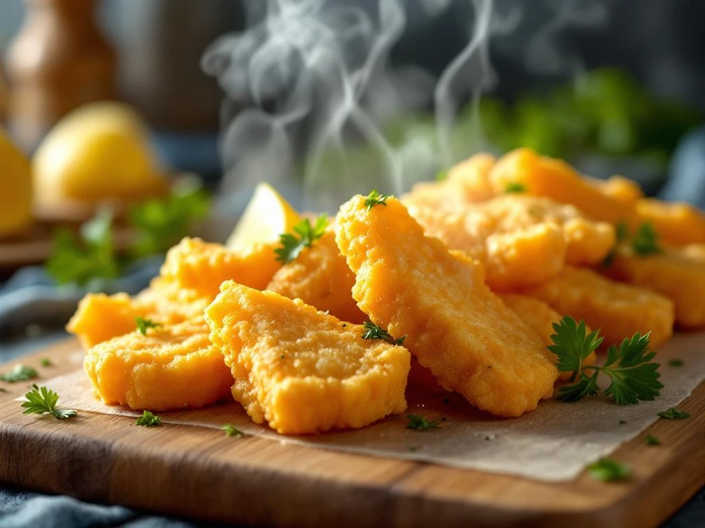 Gouden krokante kibbeling stukjes op houten plank met peterselie en citroen, stoom stijgt op van verse vis