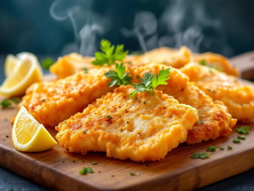 Goudbruine kibbeling stukjes op houten plank met stoom, gegarneerd met citroen en peterselie