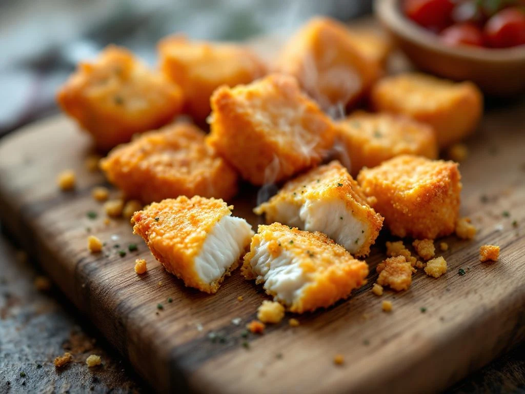 Goudbruine kibbeling stukjes op houten plank met knapperige kruiden coating, stoom stijgt op van verse vis