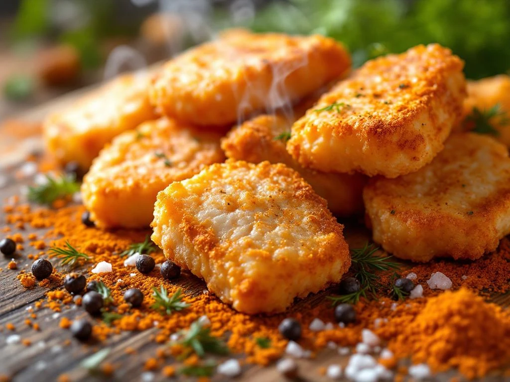 Goudbruine krokante kibbeling op houten plank met kleurrijke kruiden, paprikapoeder en verse dille