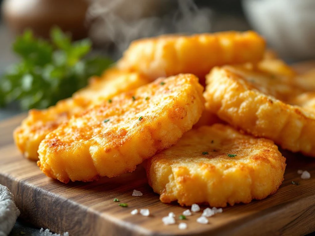 Goudbruine kibbeling stukjes op houten snijplank met stoom, kruiden en zeezout voor traditionele Nederlandse vis