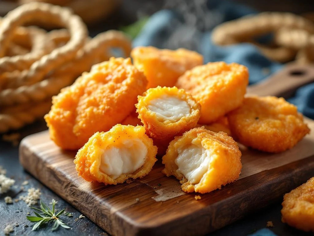 Gouden krokante kibbeling stukjes op houten plank met stoom, traditionele Nederlandse vissnack met kruiden