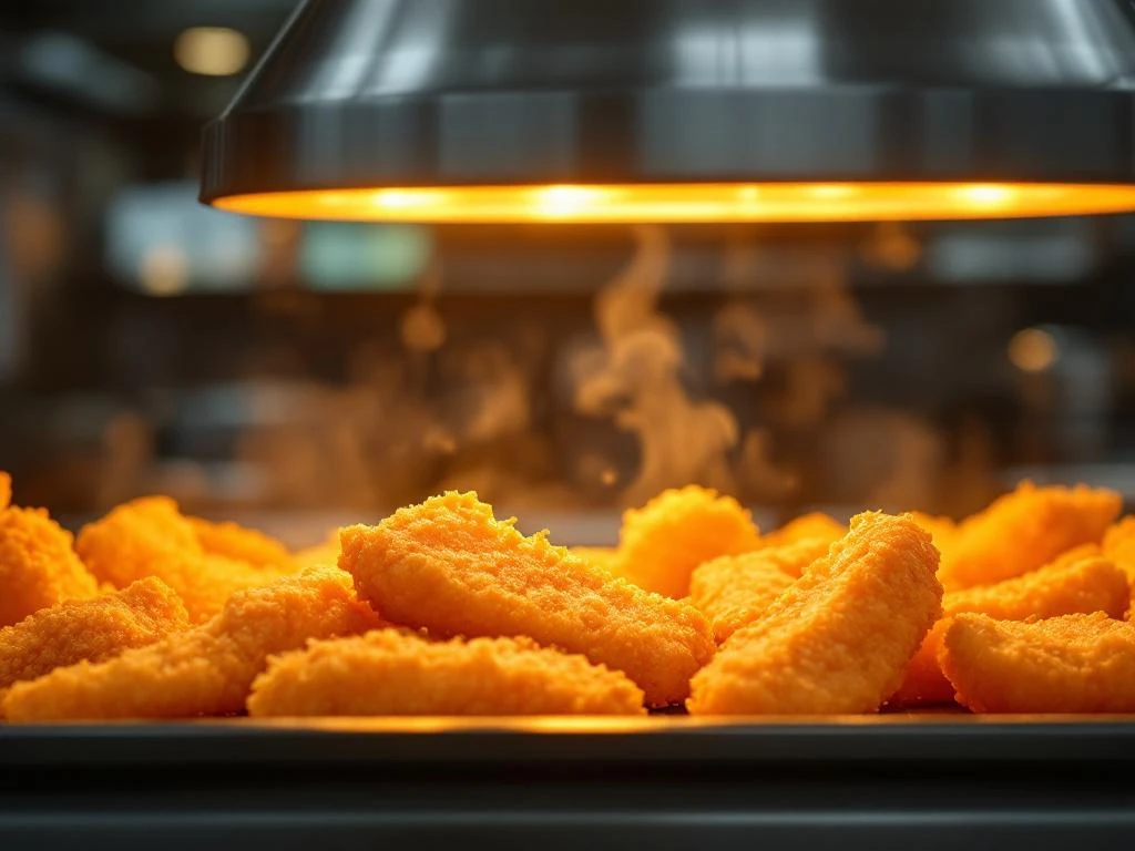 Goudbruine kibbeling stukjes op warmhoudplaat met stoom, knapperige textuur onder warmtelamp in professionele keuken