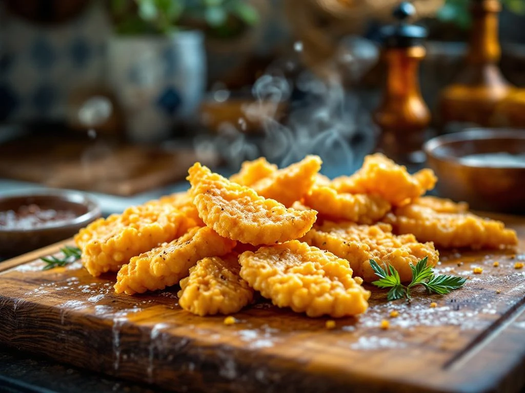 Goudbruine krokante kibbeling stukjes op houten plank met stoom, Nederlandse keuken achtergrond