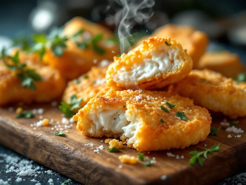 Goudkleurige krokante kibbeling stukjes op houten plank met zichtbaar wit vismees, zout en kruiden