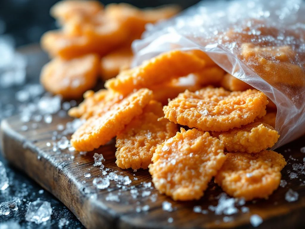 Goudbruine kibbeling stukjes op houten plank, deels vers en deels bevroren in zakjes met ijskristallen