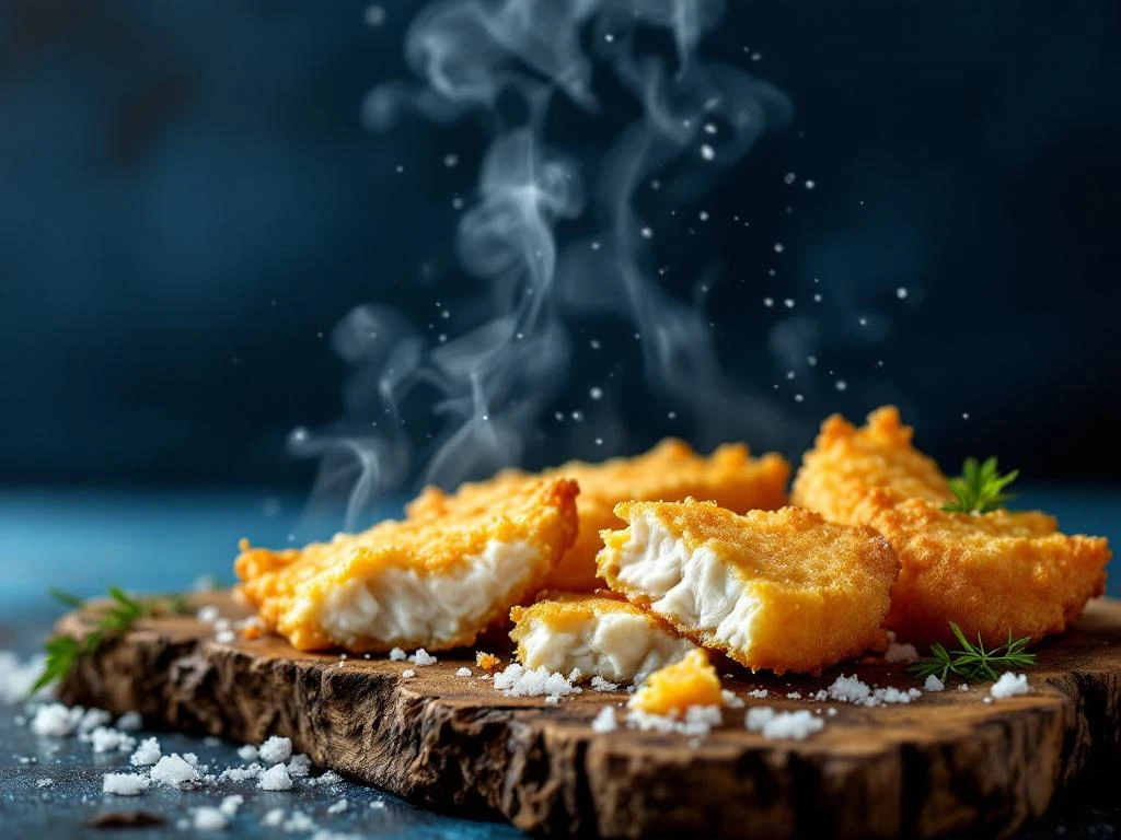 Goudkleurige krokante kibbeling op drijfhout met zichtbare stoom, zeezout en kruiden tegen oceaanblauwe achtergrond