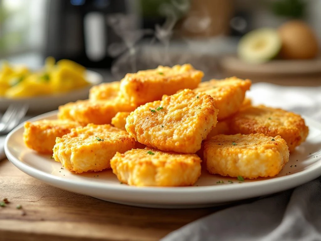 Goudbruine krokante kibbeling stukjes op witte bord met stoom, bereid in airfryer voor gezonde keuken