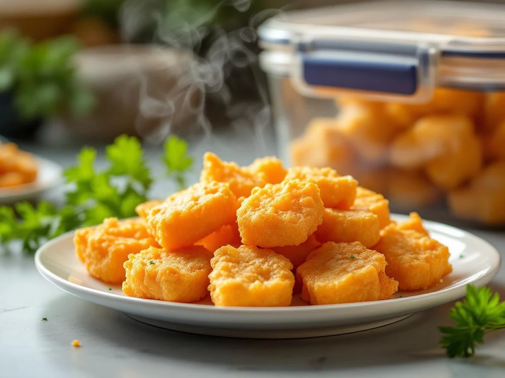 Goudbruine krokante kibbeling op wit bord met stoom, verse peterselie garnering en voorraadpot op achtergrond