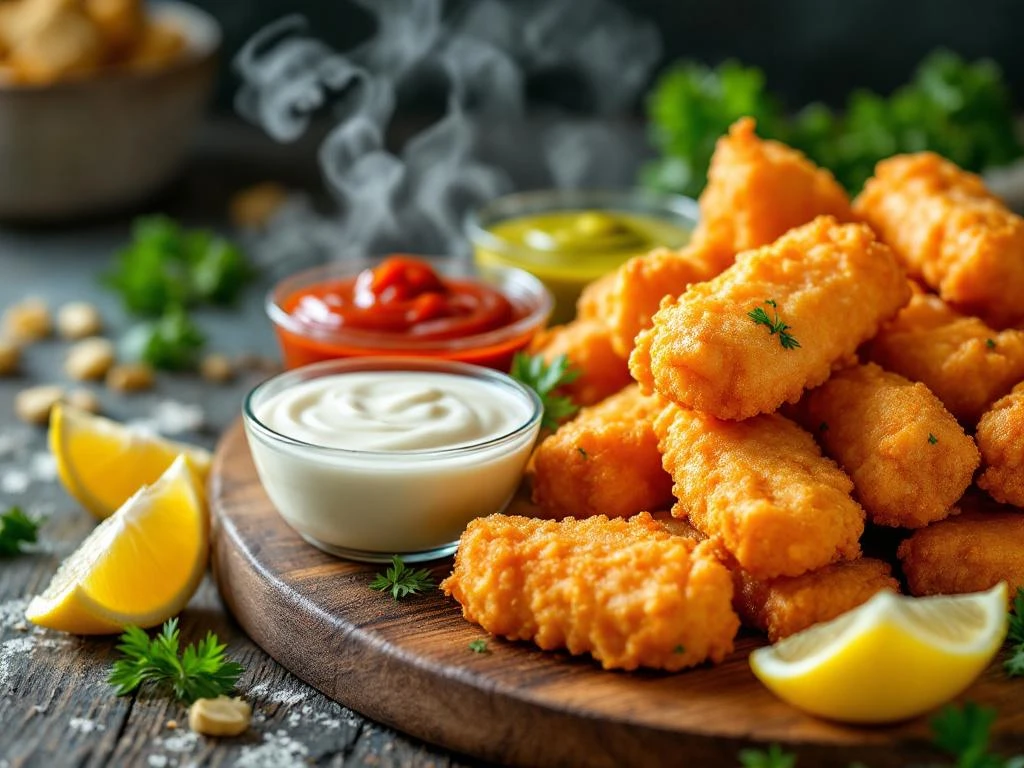 Goudbruine krokante kibbeling op houten plank met kleurrijke sauzen, citroen en peterselie