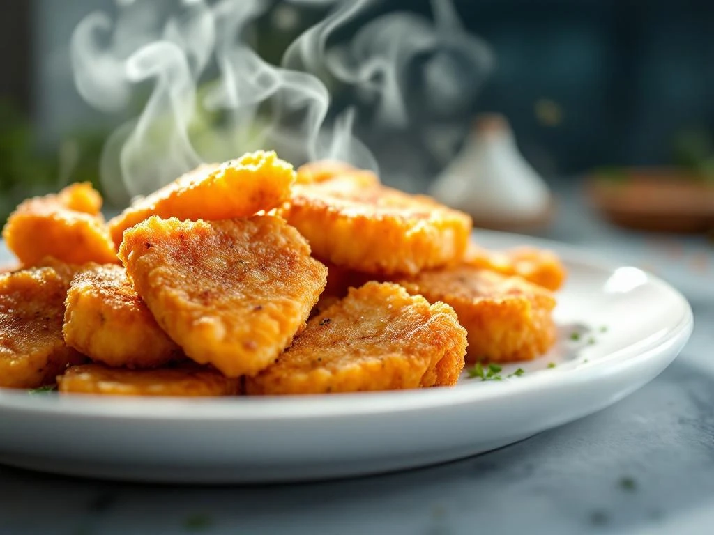 Goudbruine krokante kibbeling stukjes op witte bord met stoom, kruiden zichtbaar, voedingsiconen op achtergrond