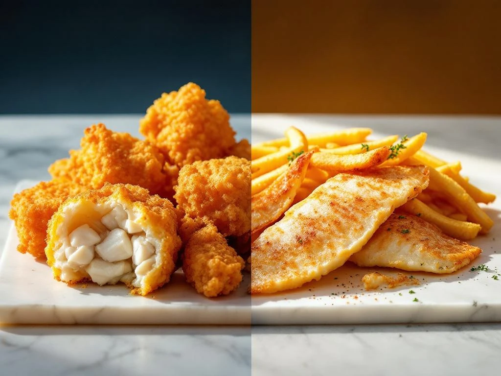 Twee Nederlandse visgerechten op marmeren oppervlak: goudbruine kibbeling links en elegante lekkerbek filets rechts