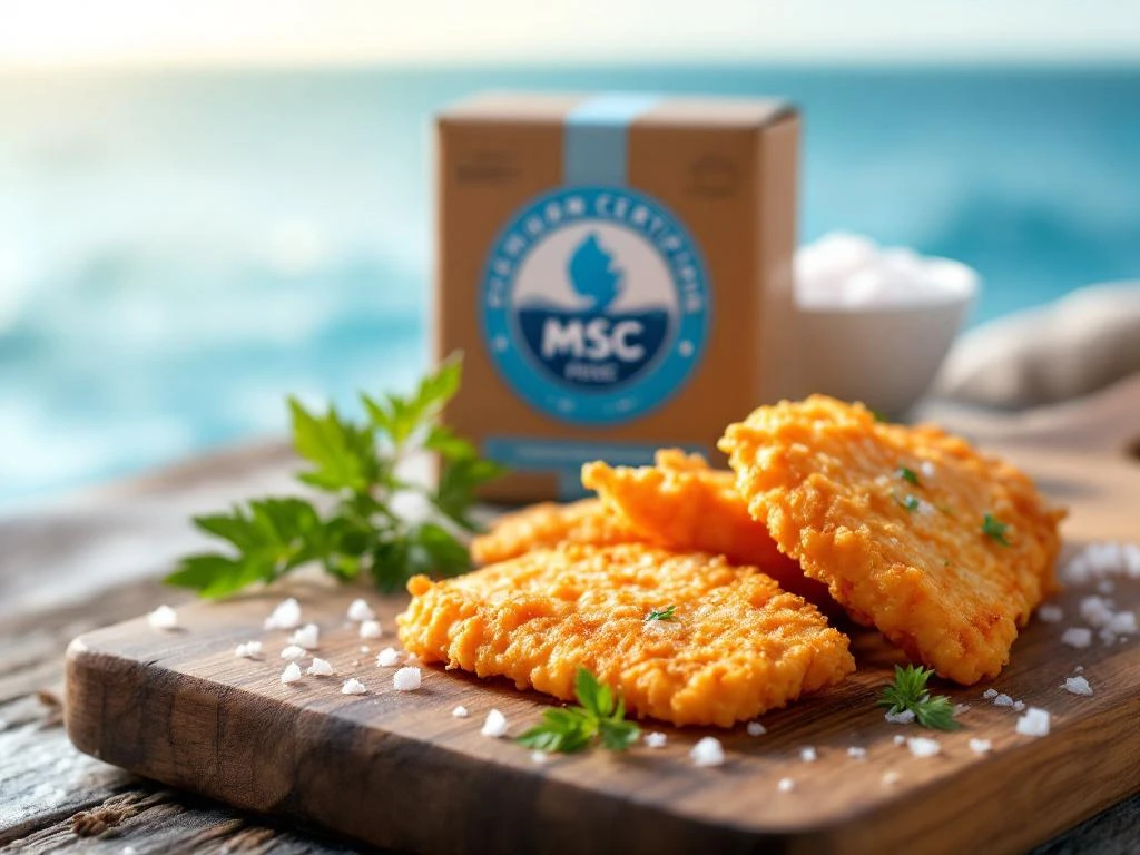 Goudkleurige krokante kibbeling op houten snijplank met MSC-keurmerk, verse kruiden en zeezout