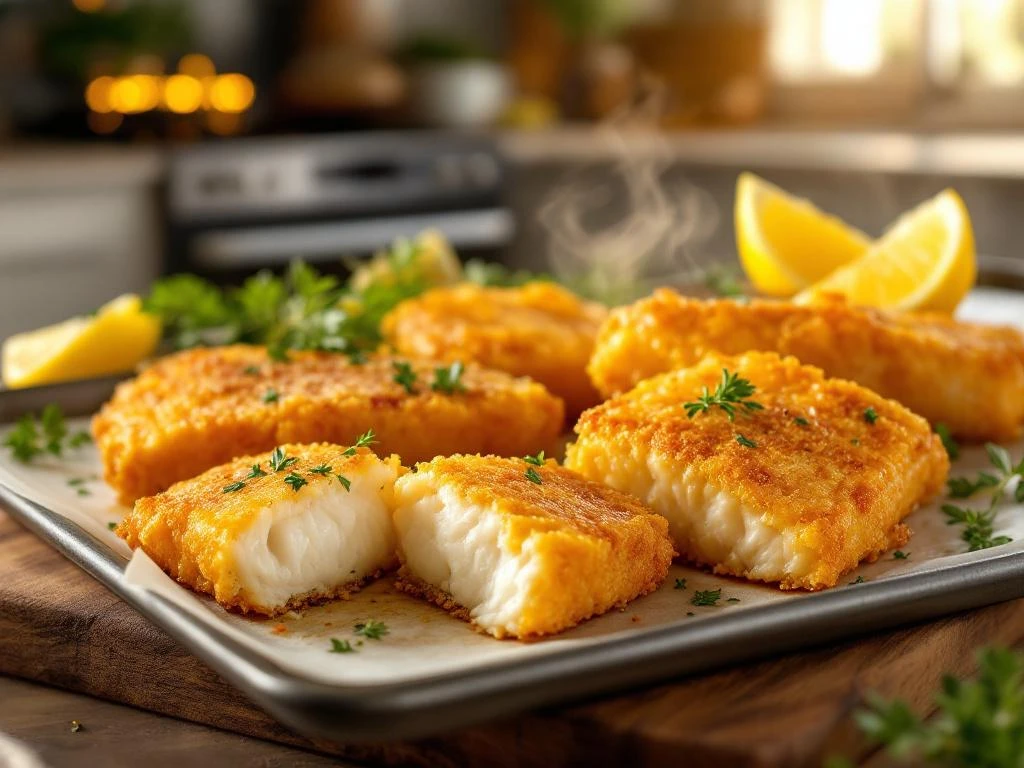 Goudbruine kibbeling stukjes op bakplaat en snijplank met stoom, verse kruiden en citroen in moderne keuken