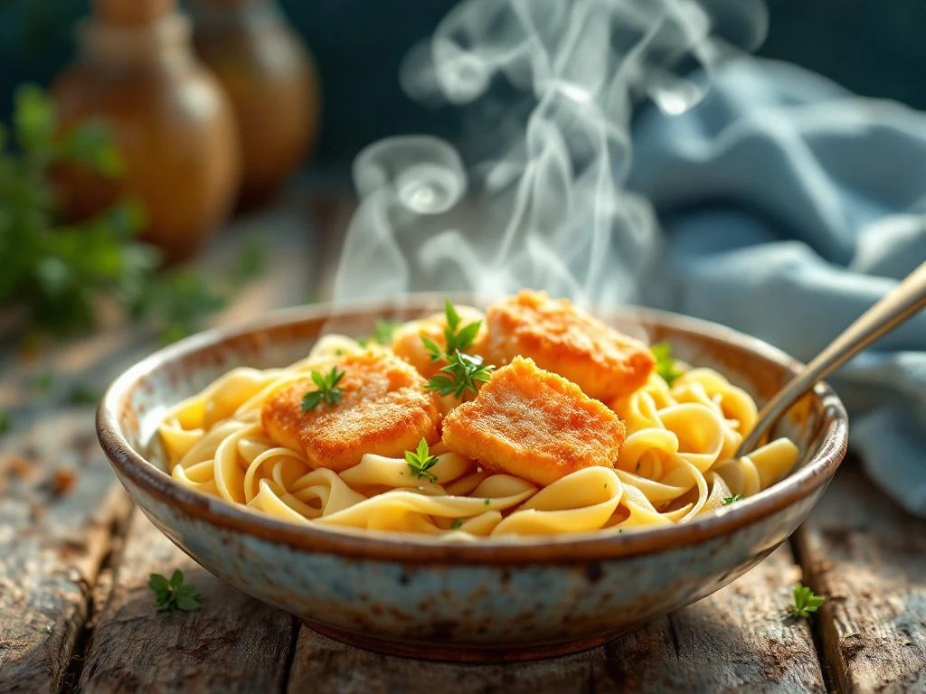 Gouden krokante kibbeling op cremige pasta in rustieke kom met verse kruiden en stoom op houten ondergrond